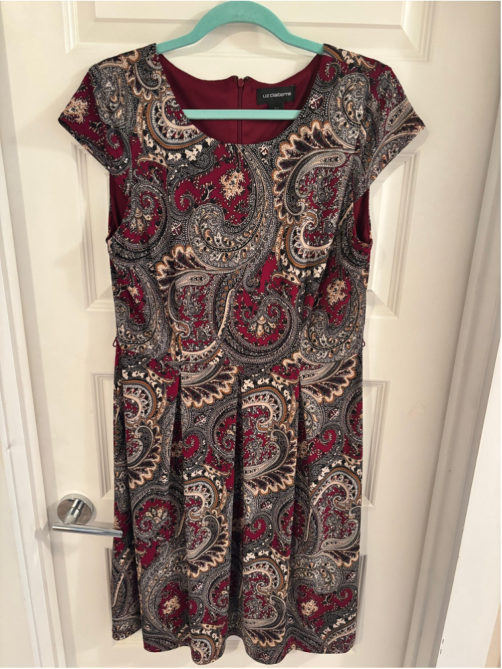 Women's Liz Claiborne Midi Dress Size 12 Burgundy Grey Paisley Print